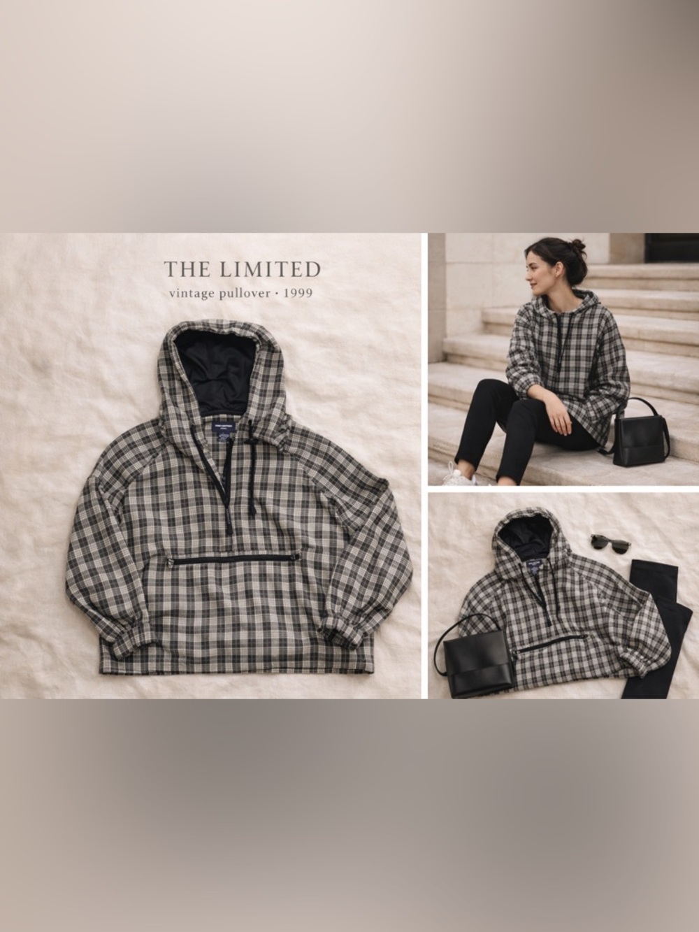 Vintage The Limited Plaid Pullover Kangaroo Style Hoodie Jacket 1/2 Zip Rare S